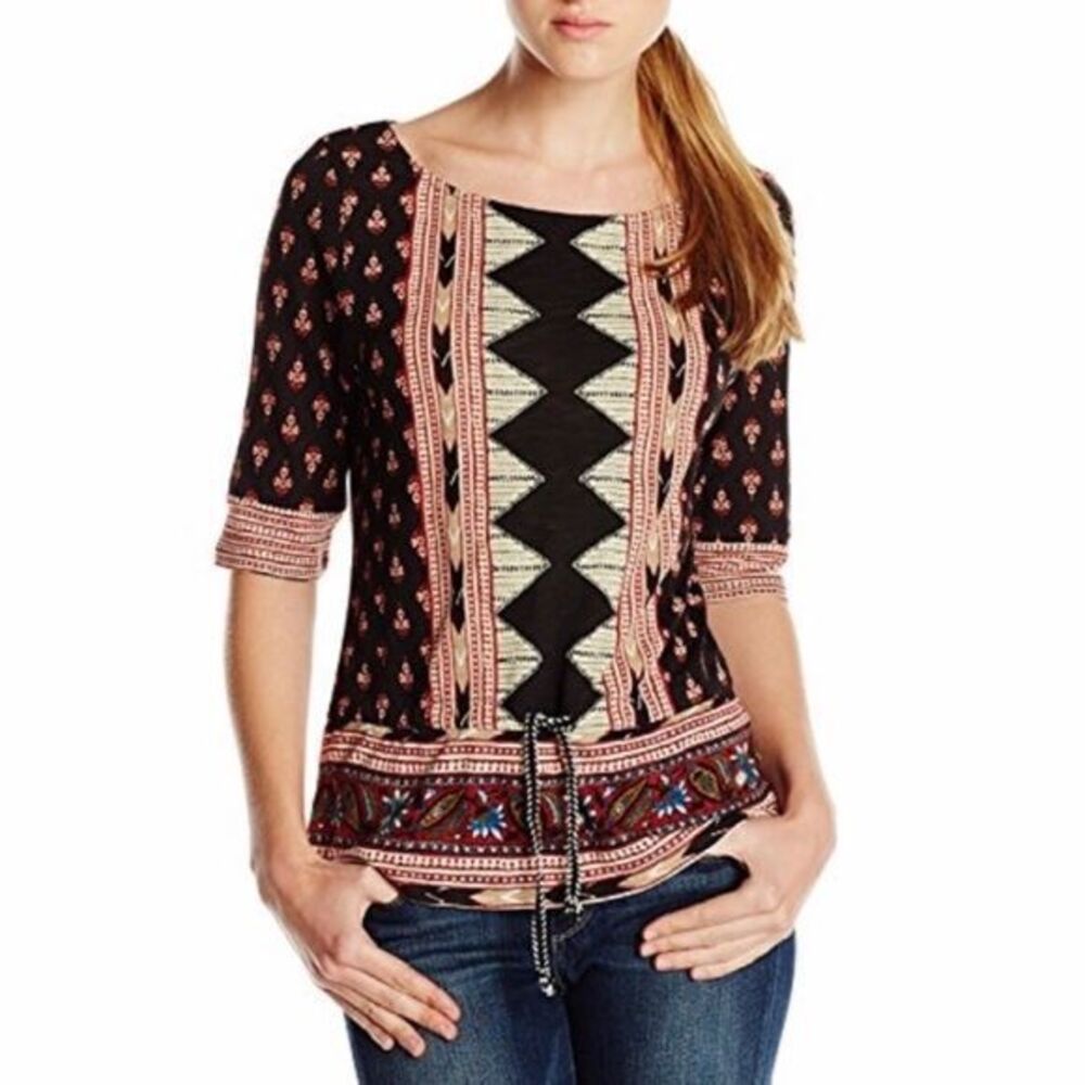 Lucky Brand‎ Women's Geometric Black Floral Short Elbow Sleeve Tie Waist Size XS